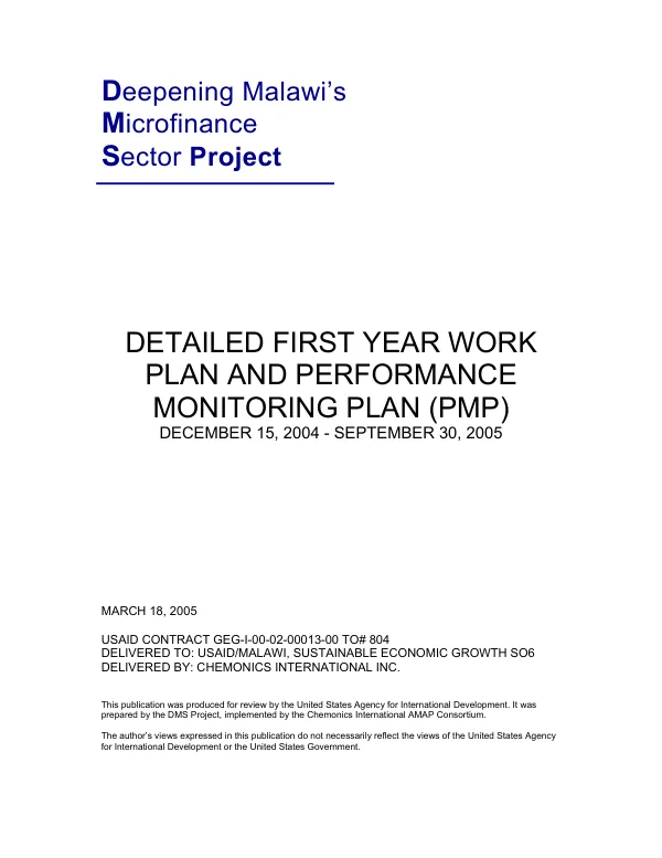 Detailed first year work plan and performance monitoring plan (PMP) : December 15, 2004-September 30, 2005