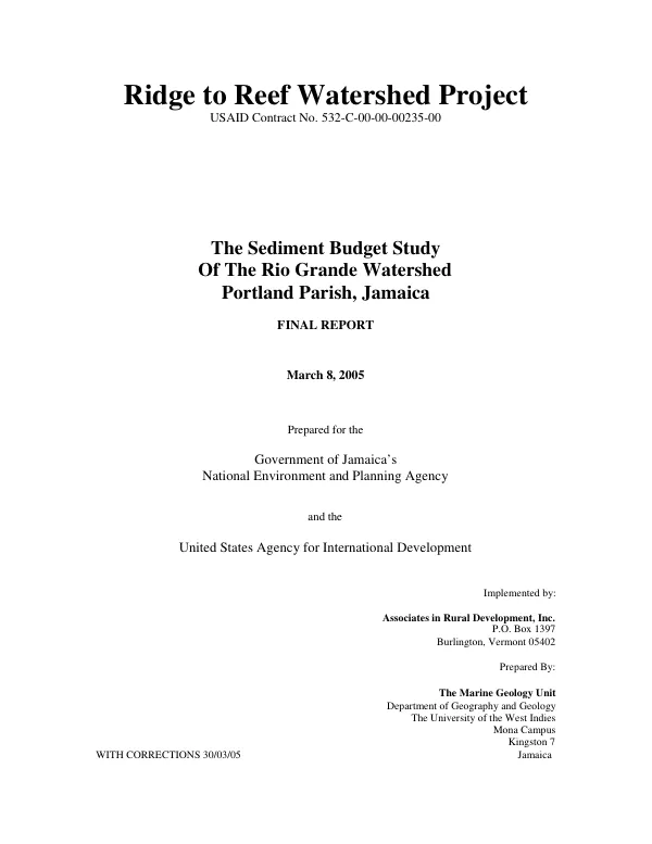 The sediment budget study of the Rio Grande watershed, Portland Parish, Jamaica