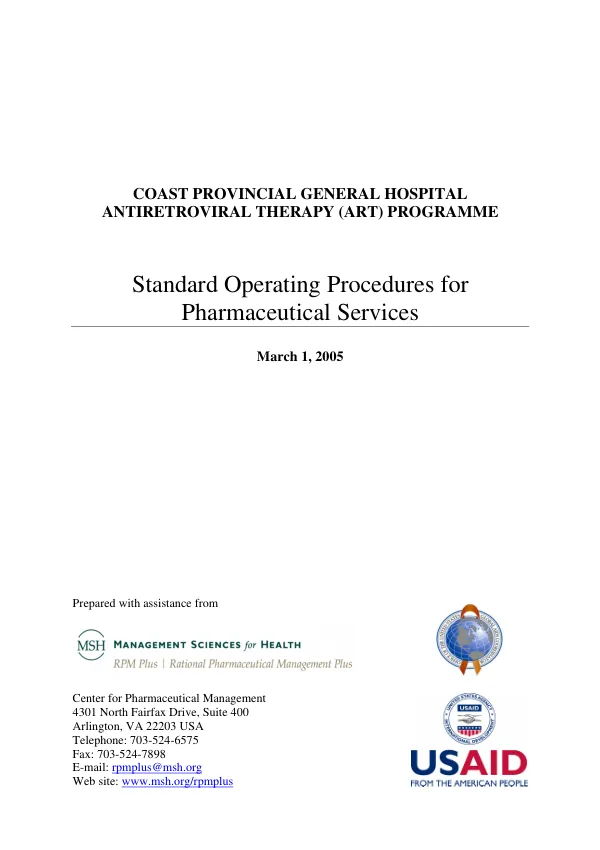 Coast Provincial General Hospital Antiretroviral therapy (ART) programme : standard operating procedures for pharmaceutical services
