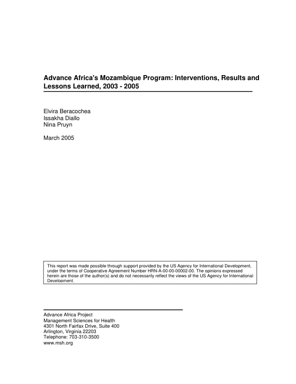 Advance Africa"s Mozambique program : interventions, results and lessons learned, 2003-2005