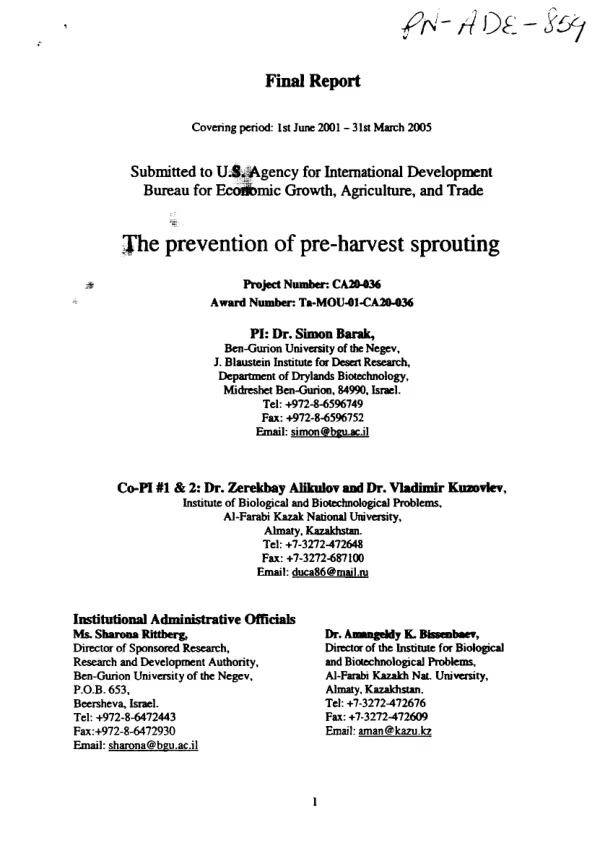 Final report covering period 1st June 2001-31st March 2005 : prevention of pre-harvest sprouting