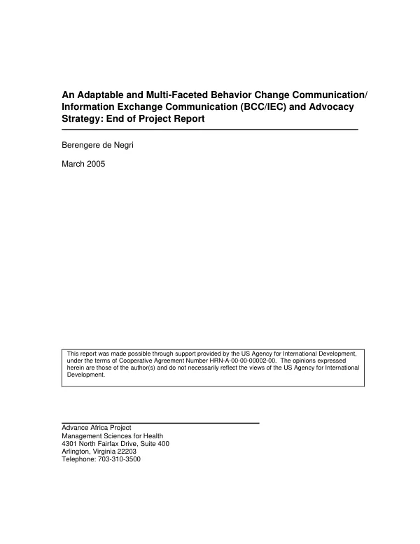Adaptable and multi-faceted behavior change communication/information exchange communication (BCC/IEC) and advocacy strategy : end of project report