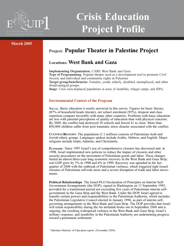 Project : popular theater in Palestine project -- locations : West Bank and Gaza