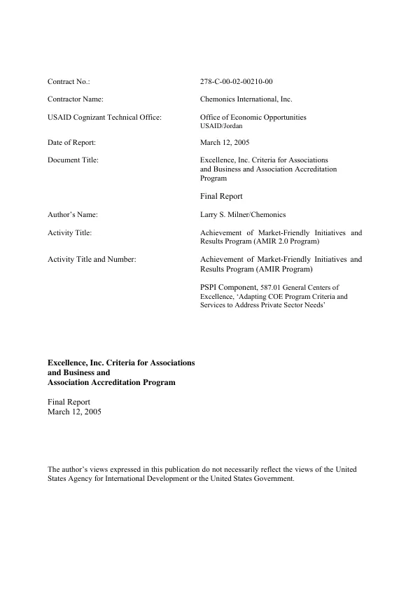 Excellence, Inc. criteria for associations and business and association accreditation program : final report