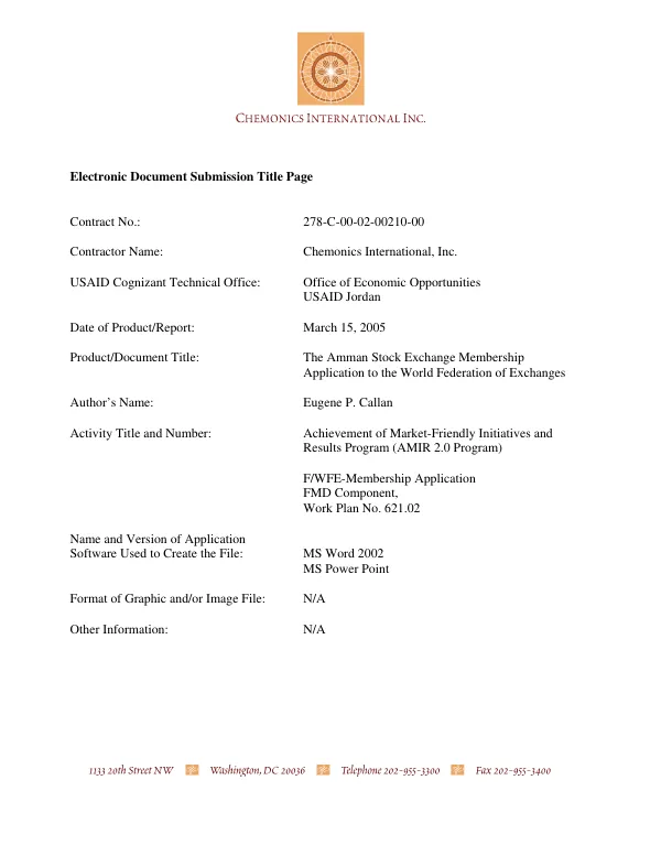 The Amman Stock Exchange membership application to the World Federation of Exchanges : final report