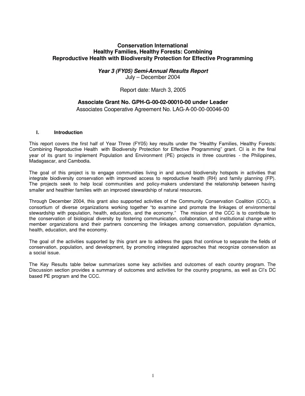 Conservation International : healthy families, healthy forests -- combining reproductive health with biodiversity protection for effective programming : year 3 (FY05) annual results report, July-December 2004