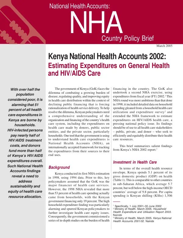 Kenya national health accounts 2002 : estimating expenditures on general health and HIV/AIDS care