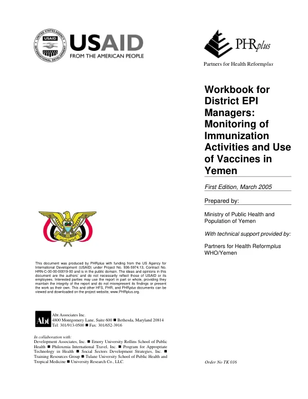 Workbook for district EPI mamagers : monitoring of immunization activities and use of vaccines in Yemen