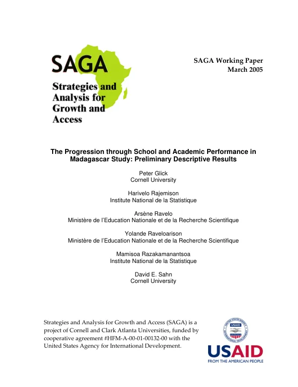 Progression through school and academic performance in Madagascar study : preliminary descriptive results