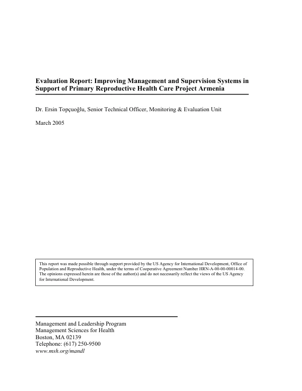 Evaluation report : improving management and supervision systems in support of primary reproductive health care project Armenia