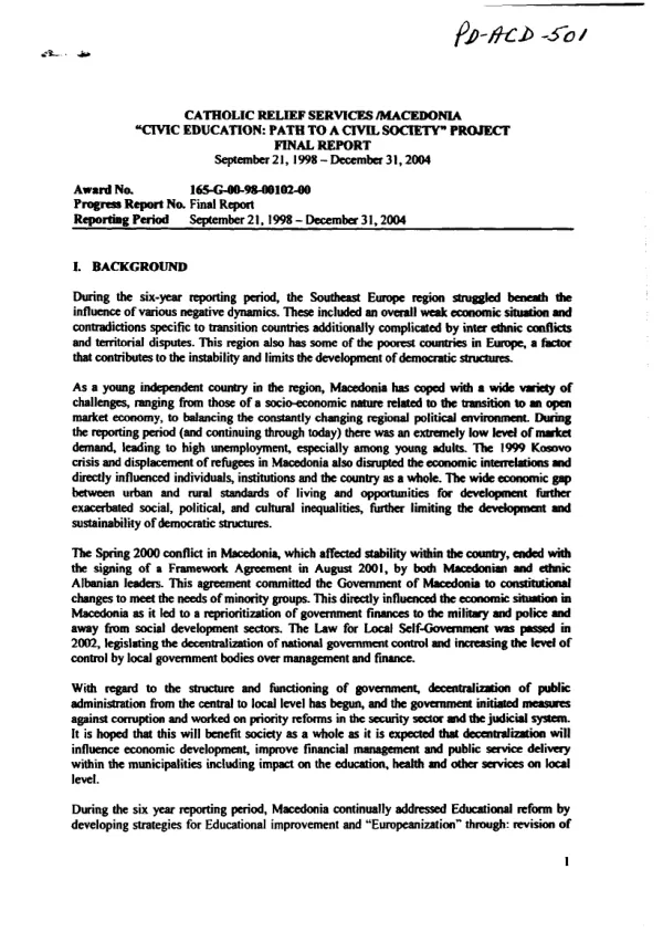 Catholic Relief Services/Macedonia "civic education : path to a civil society" project -- final report : September 21, 1998-December 31, 2004