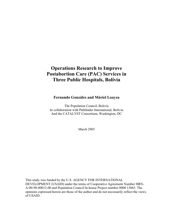 Operations research to improve postaboration care (PAC) services in three public hospitals, Bolivia