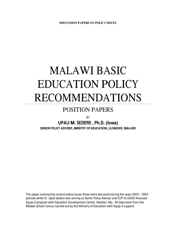 Malawi basic education policy recommendations : position papers