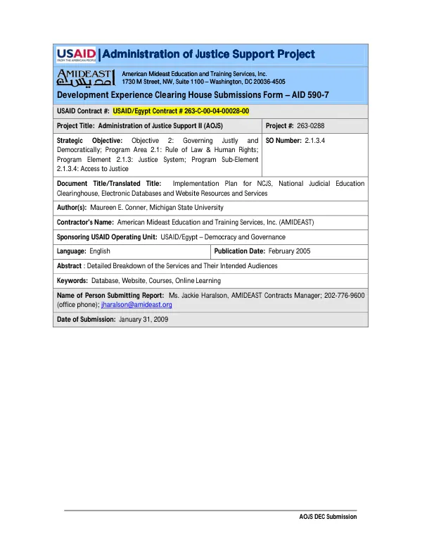 Implementation plan : National Center for Judicial Studies, National Judicial Education Clearinghouse, electronic databases and website resources and services