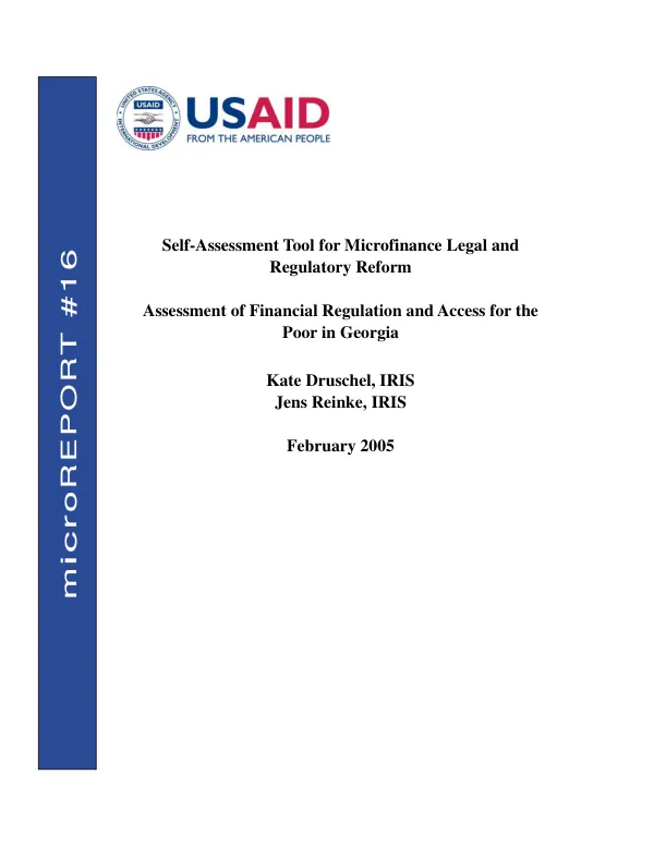 Self-assessment tool for microfinance legal and regulatory reform : assessment of financial regulation and access for the poor in Georgia