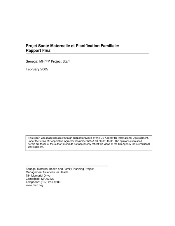 Projet sante maternelle et planification familiale : rapport final