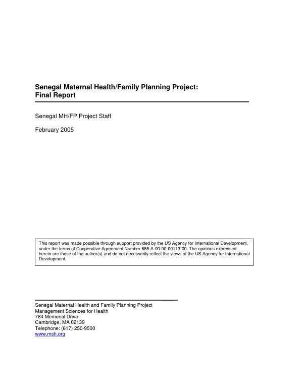 Senegal maternal health/family planning project : final report