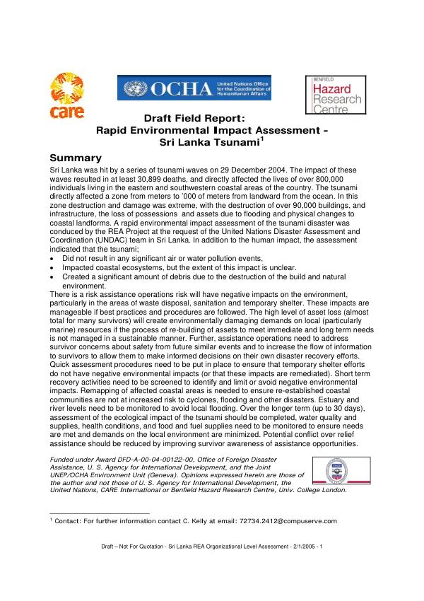 Draft field report : rapid environmental assessment -- Sri Lanka tsunami