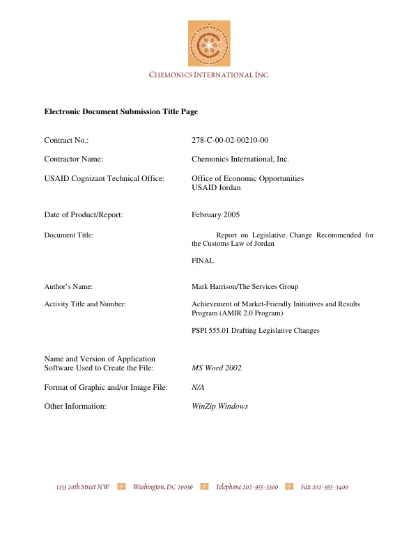 Report on legislative changes recommended for the Customs Law of Jordan : final report