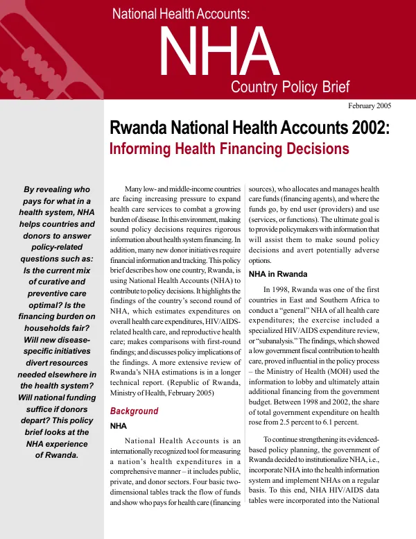 Rwanda national health accounts 2002 : informing health financing decisions