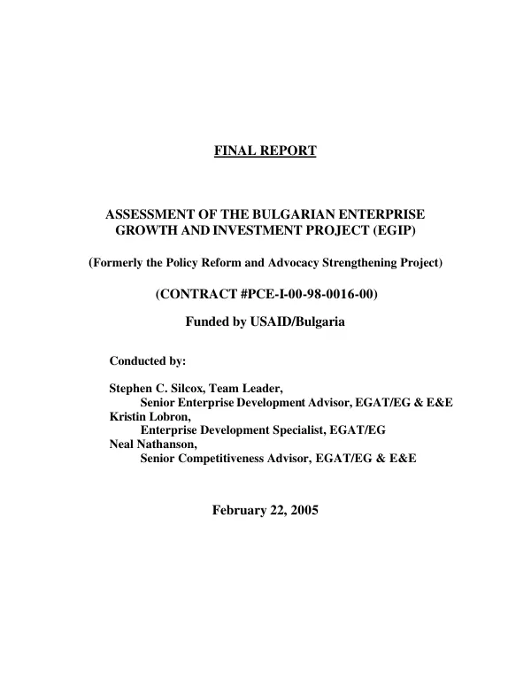 Assessment of the Bulgarian enterprise growth and investment project (EGIP) (formerly the policy reform and advocacy strengthening project)