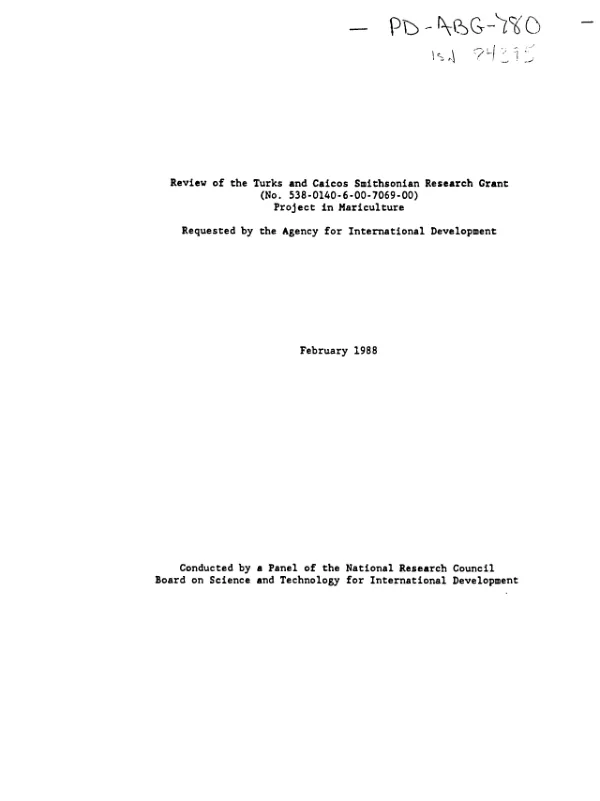 Review of the Turks and Caicos Smithsonian research grant (no. 538-0140-6-00-7069-00) project in mariculture