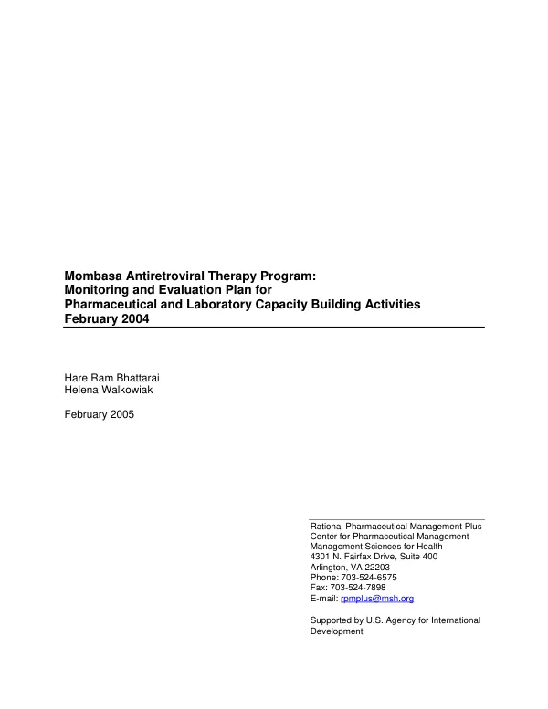 Mombasa antiretroviral therapy program : monitoring and evaluation plan for pharmaceutical and laboratory capacity building activities