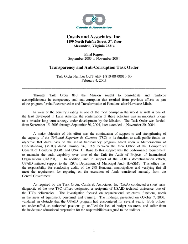 Final report, September 2003 to November 2004 : transparency and anti-corruption task order [-- Honduras] : task order number OUT-AEP-I-810-00-00010-00