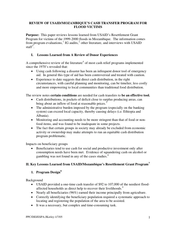 Review of USAID/Mozambique"s cash transfer program for flood victims