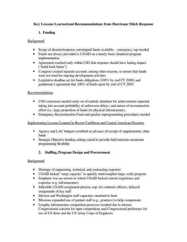 Key lessons learned and recommendations from Hurricane Mitch response