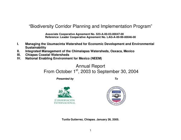 Biodiversity corridor planning and implementation program : annual report from October 1st, 2003 to September 30, 2004