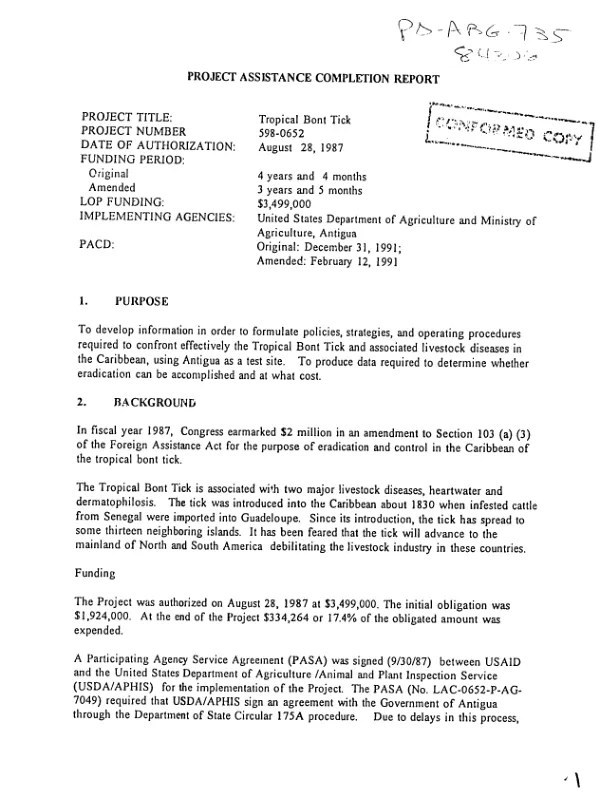 Project assistance completion report : tropical bont tick