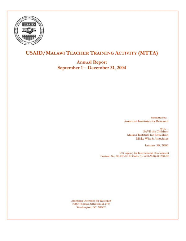 USAID Malawi teacher training activity (MTTA) : annual report, September 1-December 31, 2004