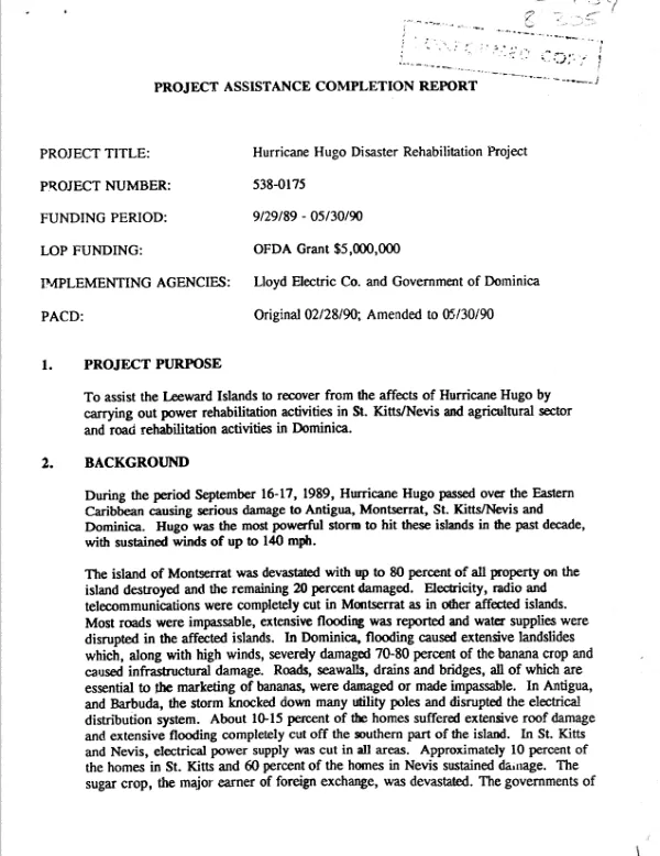 Project assistance completion report : Hurricane Hugo disaster rehabilitation project