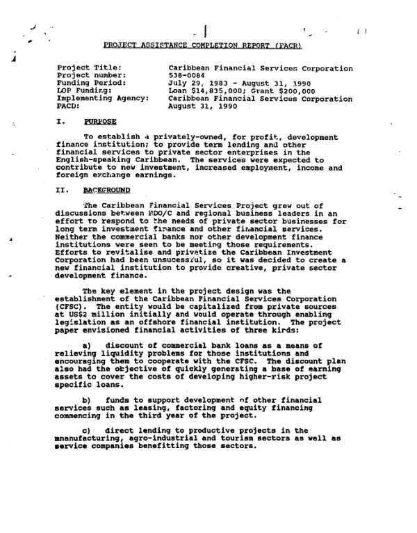 Project assistance completion report (PACR) : Caribbean Financial Services Corporation