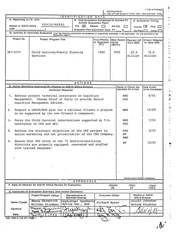 Midterm evaluation of the child survival/family planning services project : Nepal (367-0157)