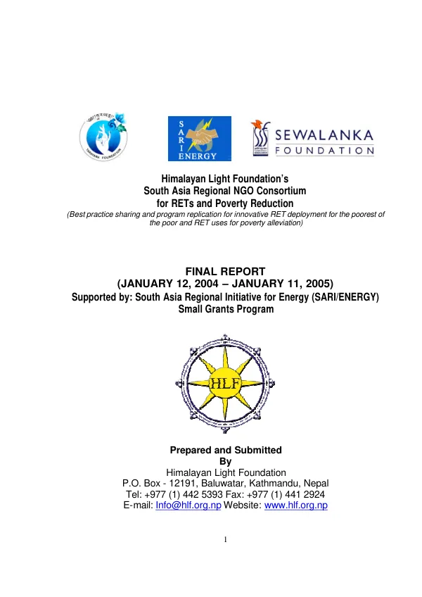 Himalayan Light Foundation"s South Asia regional NGO consortium for RETs and poverty reduction : final report, (January 12, 2004-January 11, 2005)