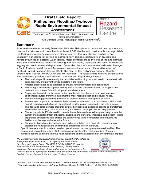 Draft field report : Philippines flooding/typhoon rapid environmental impact assessment