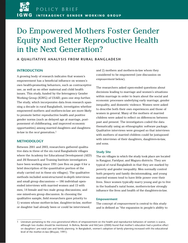 Do empowered mothers foster gender equity and better reproductive health in the next generation? : a qualitative analysis from rural Bangladesh