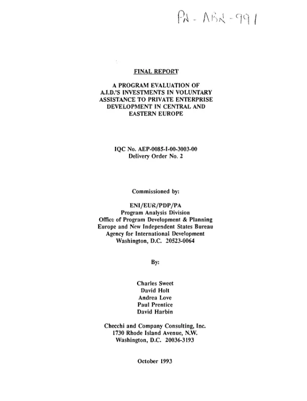 Final report : a program evaluation of AID's investments in voluntary assistance to private enterprise development in Central and Eastern Europe
