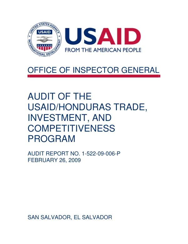 Audit of USAID/Honduras trade, investment, and competiveness program