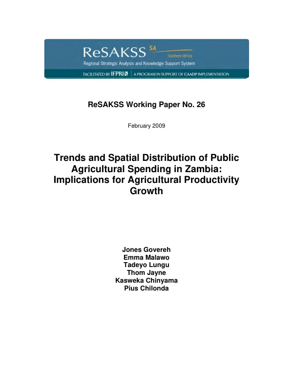 Trends and spatial distribution of public agricultural spending in Zambia : implications for agricultural productivity growth