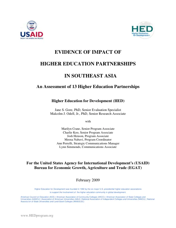 Evidence of impact of higher education partnerships in Southeast Asia : an assessment of 13 higher education partnerships