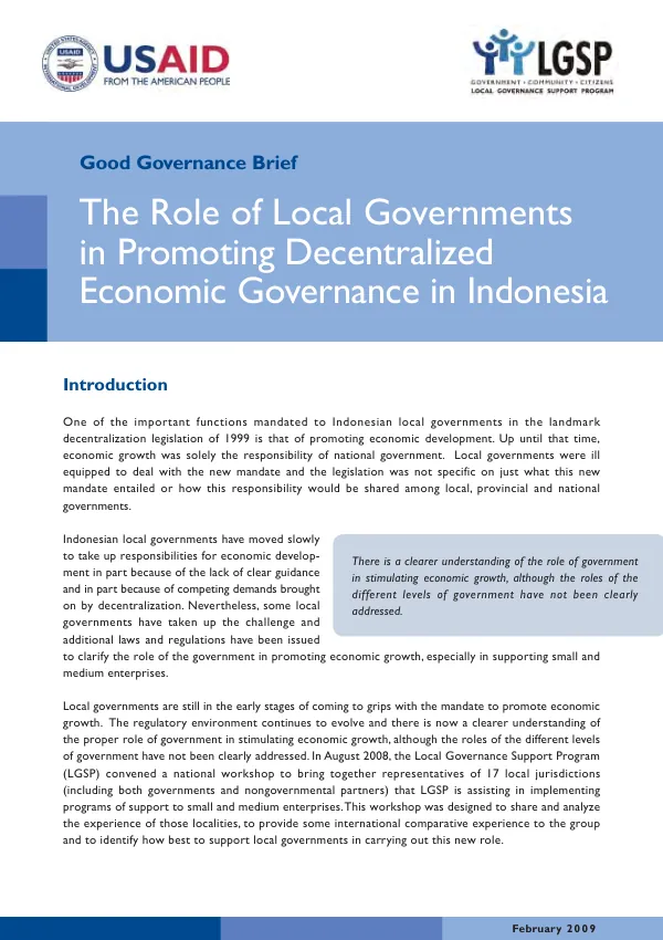 Tbe role of local governments in promoting decentralized economic governance in Indonesia