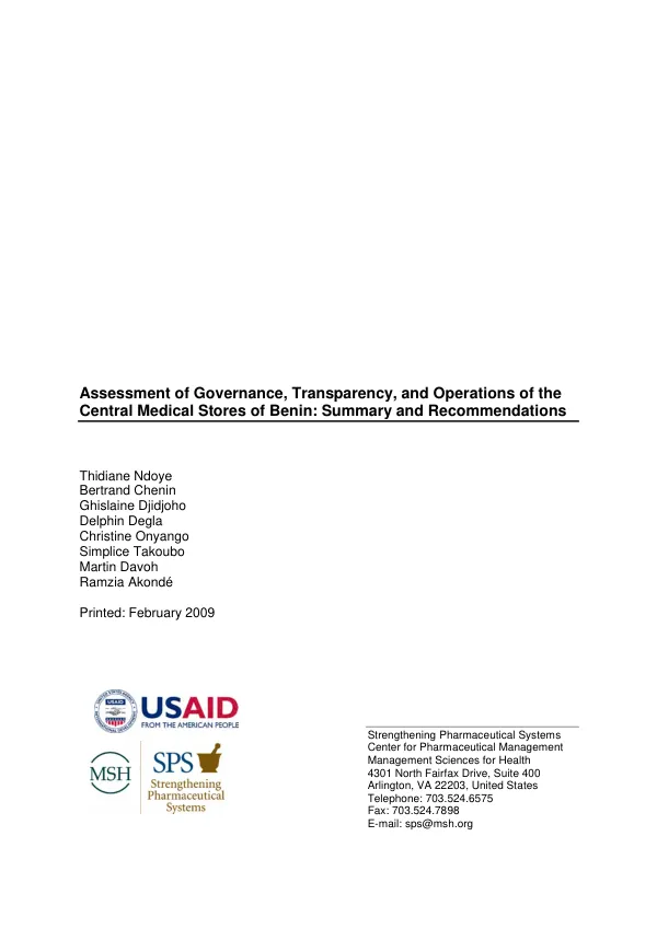 Assessment of governance, transparency, and operations of the cental medical stores in Benin : summary and recommendations
