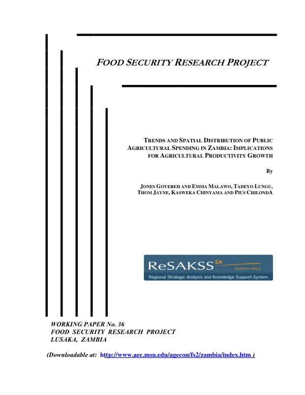 Trends and spatial distribution of public agricultural spending in Zambia : implications for agricultural producitivity growth