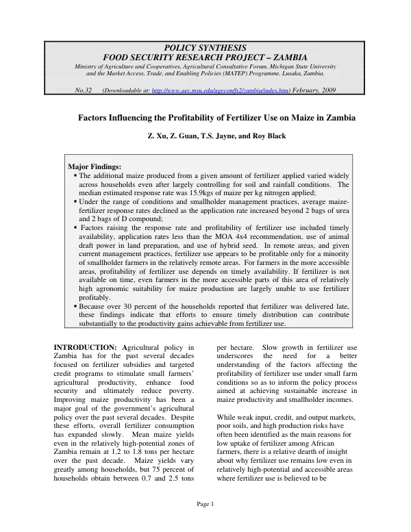 Factors influencing the profitability of fertilizer use on maize in Zambia
