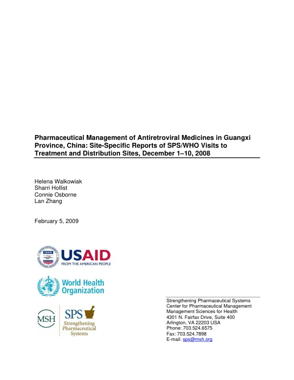Pharmaceutical management of antiretroviral medicines in Guangxi Province, China : site-specific reports of SPS/WHO visits to treatment and distribution sites, December 1-10, 2008