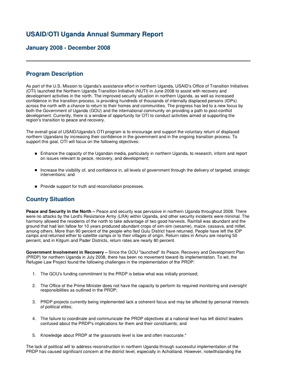 USAID/OTI Uganda annual summary report, January 2008-December 2008