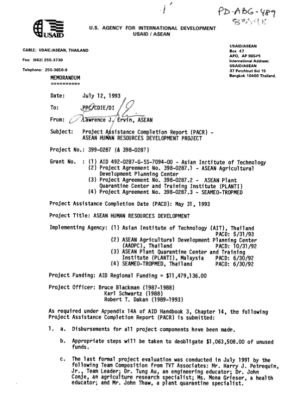 Project assistance completion report (PACR) : ASEAN human resources development project